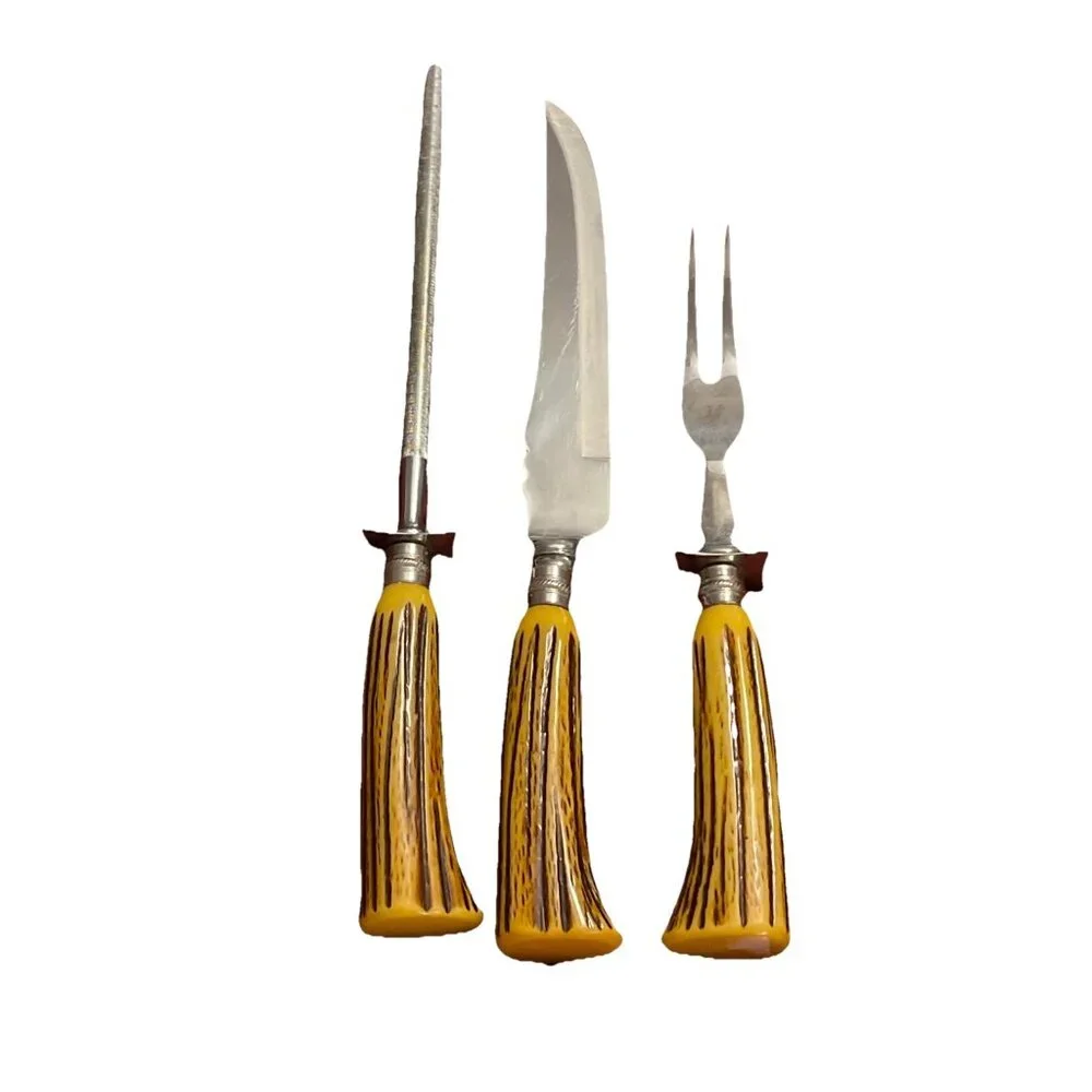 Vintage Bakelite Englishtown Cutlery‎ Carving Set Stag Handle Sheffield England